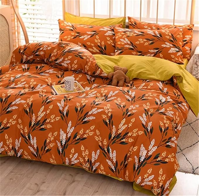 Luxlovery Floral Comforter Set Twin Botanical Orange Bohemian Bedding Comforter Set Women Girls Vintage Style Blanket Quilts Breathable Modern Rustic Leaves Bedding Set Hotel Quality Twin Comforter