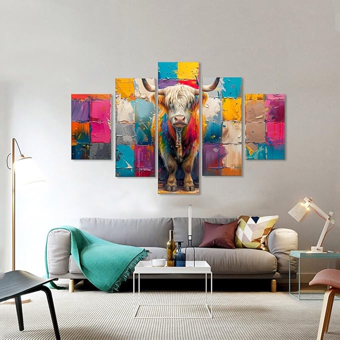 5 Panels Highland Cow Pictures Wall Decor Modern Animals Wall Art Colorful Oil Painting Style Highland Cattle Posters Wall Decor Living Dining Room Classroom Decor Framed - 60''W x 40''H