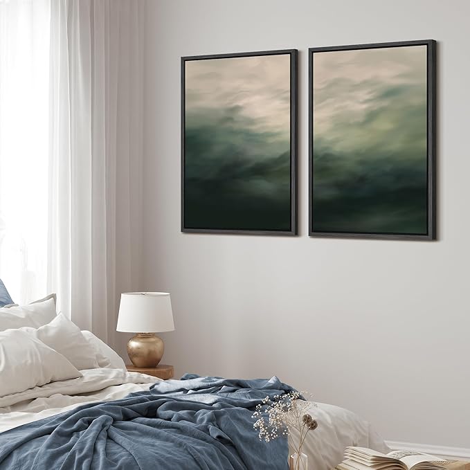 MUDECOR Framed Canvas Print Wall Art Dark Green Abstract Misty Landscape Moody Illustrations Modern Art Decorative Chic for Living Room, Bedroom, Office - 16"x24"x2 Black