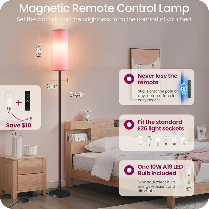 2 Pack Dimmable Pink Floor Lamps for Living Room with 2 Remotes and Foot Switch, Corner Floor Lamp, 66'' Standing Tall Lamp, 10W 900LM Bulb Included, 3000K-6500K, Linen Shade, FCC Listed P06LDP205W1