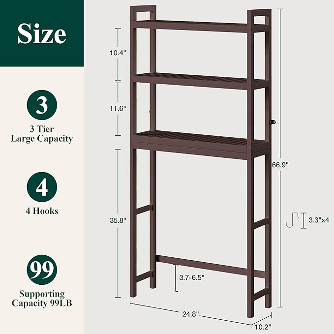 Smiry Over The Toilet Storage Cabinet, 3-Tier Bamboo Bathroom Organizers with Adjustable Shelf & 4 Hooks, Space Saving Shelf Rack for Bathrooms, Laundry Room, Balcony, Brown