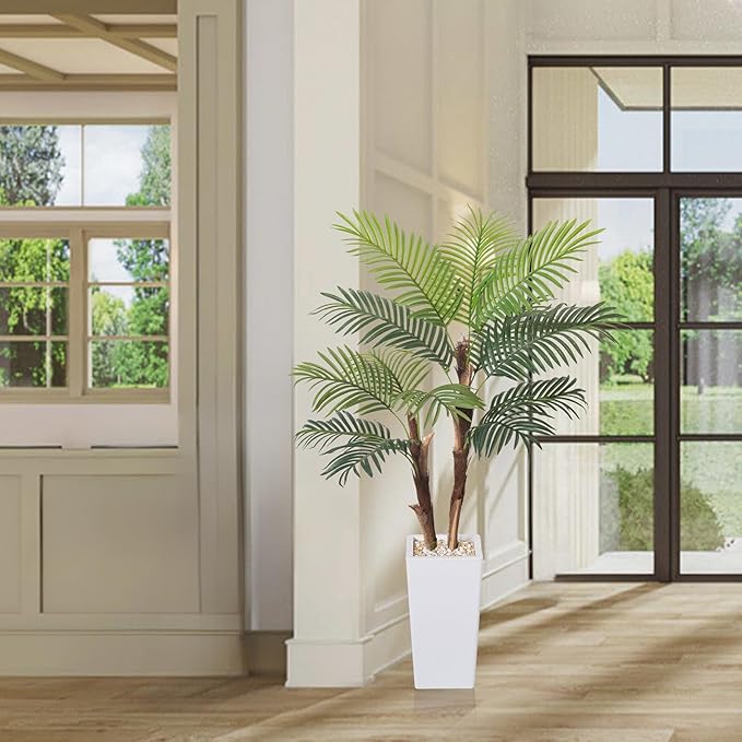 Artificial Palm Tree 5FT, Fake Tree with Realistic Fiber Trunks and White Tall Planter, Faux Tropical Areca Floor Plant in Pot, Artificial Silk Plant for Home Decor Office Living Room Decor
