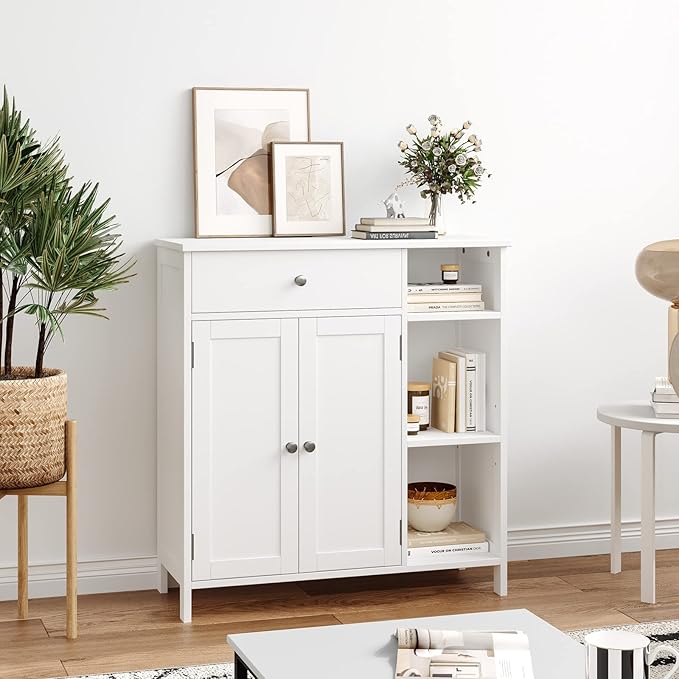 Irontar Bathroom Cabinet with Doors, Bathroom Floor Cabinet with Drawer & Adjustable Shelf, Kitchen Cupboard Storage for Living Room, Entryway, White