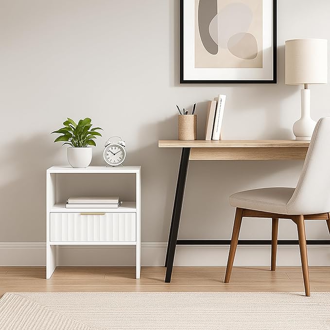Nightstand Set of 2 Nightstand with Drawers, Bedside Table with Storage Shelf, Modern Night Stand with Drawer for Bedroom, End Table for Home Living Room Office White