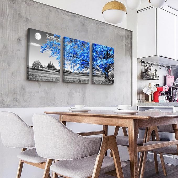 DZRWUBHS Modern Wall Art For Living Room Canvas Wall Decor For Office Black And White Blue Tree Wall Painting Scenery Wall Pictures Artwork For Bedroom Room Home Decor Prints Art 12" X 16" 3 Piece