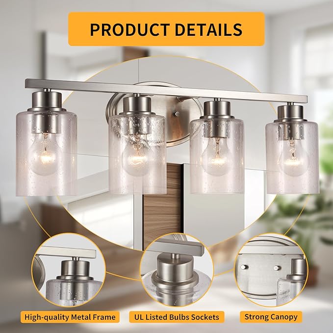 Bathroom Vanity Light Fixtures Over Mirror, Seeded Glass Bathroom Vanity Light, 4 Light Brushed Nickel Bathroom Light Fixtures with Clear Glass, Modern Rustproof Vanity Light Wall Mount