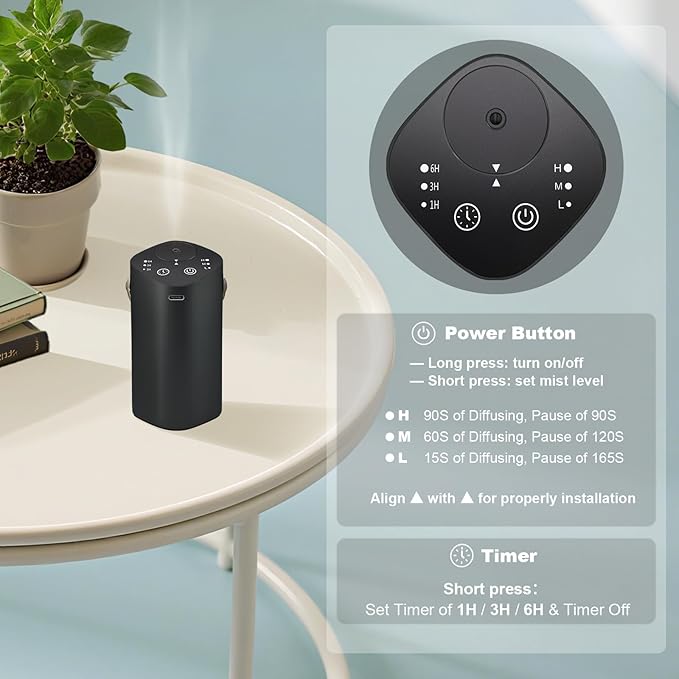 Car Waterless Essential Oil Diffuser with Handle, Timer (1/3/6H & Off), L/M/H Mist, Small Scent Aromatherapy Diffuser, Rechargeable Portable Cordless Air Aroma Diffuser for Home Office Bathroom, Black