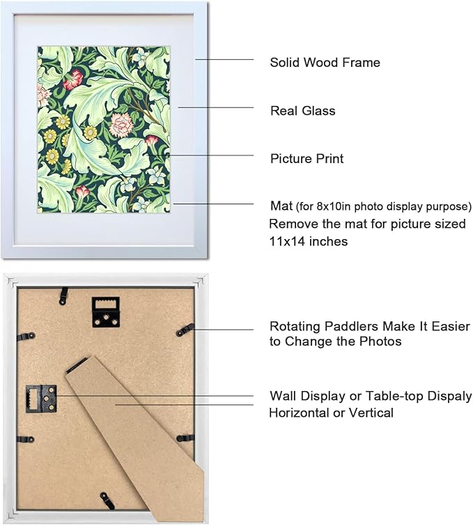 11x14 Picture Frame Set of 4 Made of Solid Wood Photo Frames with Real Glass for Pictures 8x10 with Mat or 11x14 Without Mat, Wall Mounting or Tabletop display Photo Frames in White