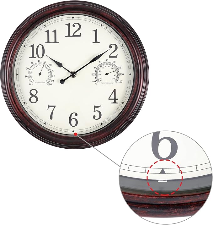 12 inch Outdoor Wall Clock, Plastic Waterproof Outdoor Clocks with Temperature & Humidity, Water Resistant Wall Clock for Patio Garden, Dark Brown