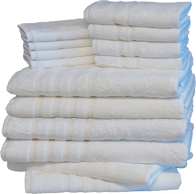 Mosobam Luxury Turkish 14pc XL Deluxe Bath Bundle Body Hand Face Towel and Mat White 700 GSM & 1000 GSM Bamboo Viscose & Aegean Turkish Combed Cotton
