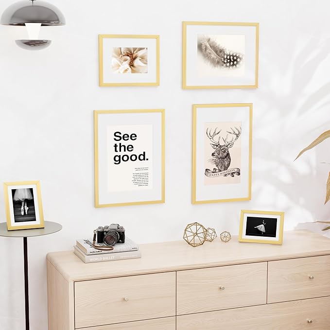 11x17 inch Picture Frame, 11x17 Photo Frames with 8x12 Removable Mat - High Definition Plexiglass - Vertical and Horizontal Display - Wall Hanging Frame - Gold, 3 Pack