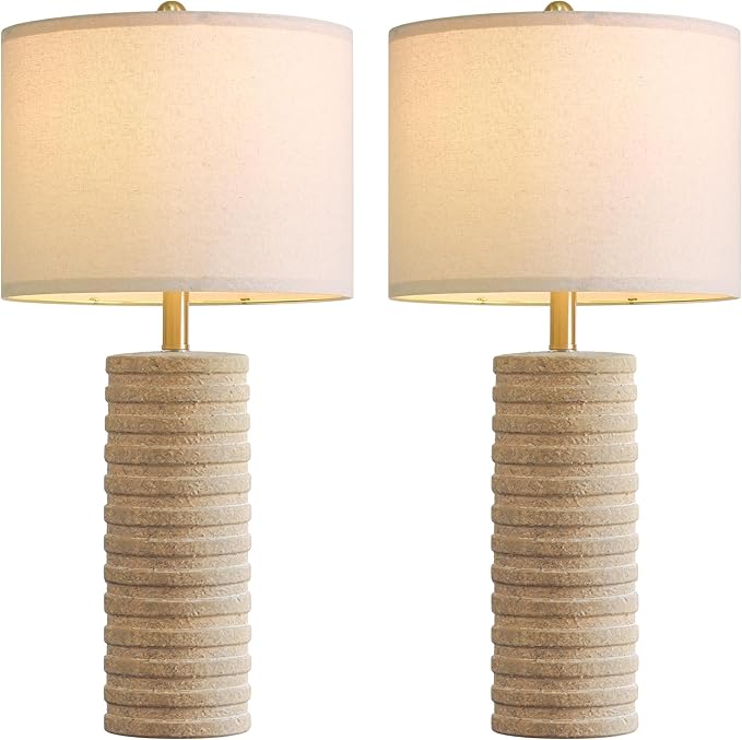 PoKat 27" Farmhouse Ceramic Table Lamps Set of 2 for Bedroom, Stone-Like Rustic Nightstands Lamps for Night Stands, Distressed Beige Bedside Lamps with Natural Textured for Living Room, Sand-Colored