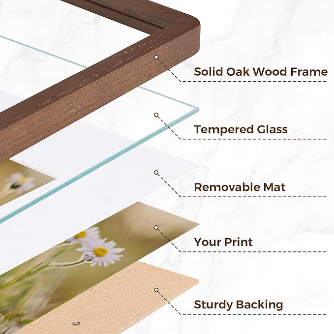 11x14 Picture Frame, Solid Oak Wood Frame 11 x 14 for Wall, Rustic Wooden Frames 11 by 14 with Tempered Glass, 11x14 Frame with Mat for 8x10, Home Decor Photo Frames 11"x14", Walnut Color, 1 Pack