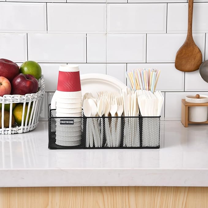 Paper Plate Organizer for Countertop, Metal Silverware Caddy with 6 Compartments for Cup, Napkin, Utensil Holder Caddy for Party, Camping, Picnic