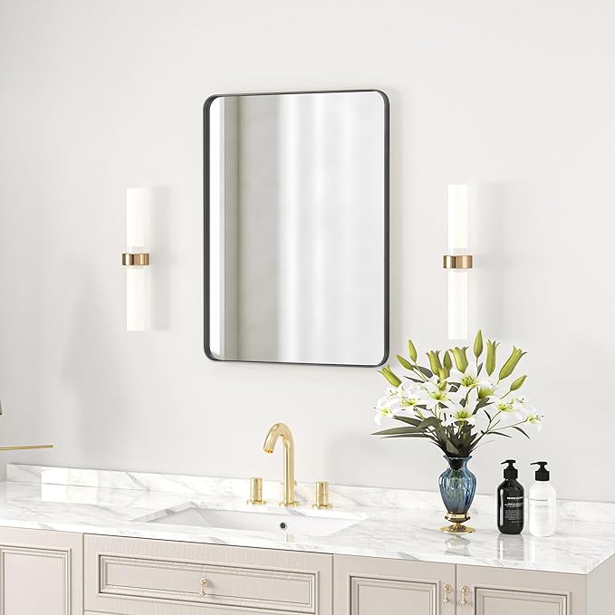 Bathroom Mirror 22x30 inch, Rustproof Aluminum Metal Framed Mirror for Wall, Matte Black Bathroom Vanity Mirror, Shatterppoof Mirror, Living Room, Hanging or Leaning Horizontal or Vertical