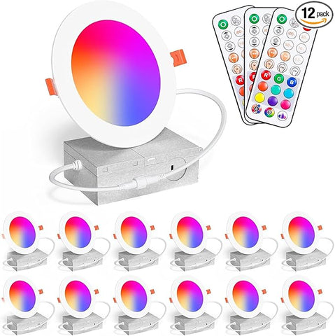 Recessed Lighting 4 Inch RGBCW Color Changing 12W LED Downlights with Junction Box,1080Lumens Canless LED Recessed Ceiling Lights Dimmable by Remote Control,Memory,Timer,Delayed Off,3 Modes, 12Pack