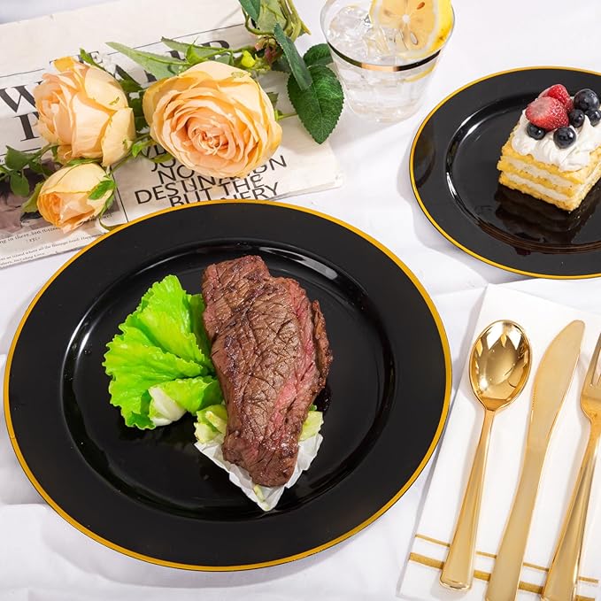 SUT 350-Piece Black and Gold Disposable Plates - Elegant Plastic Dinnerware for 50 Guests, Includes Cups & Napkins | Durable Leak-Proof Design for Weddings, Birthdays, Holidays