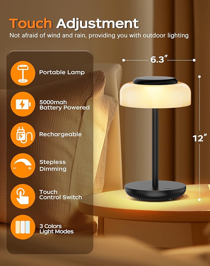 QiMH Battery Operated LED Table Lamp, 5000mAh Rechargeable Cordless Lamp Set of 2, Stepless Dimmable Touch Control, Small Waterproof Desk Night Light for Living Room, Bedroom, Outdoor Bar (Black)