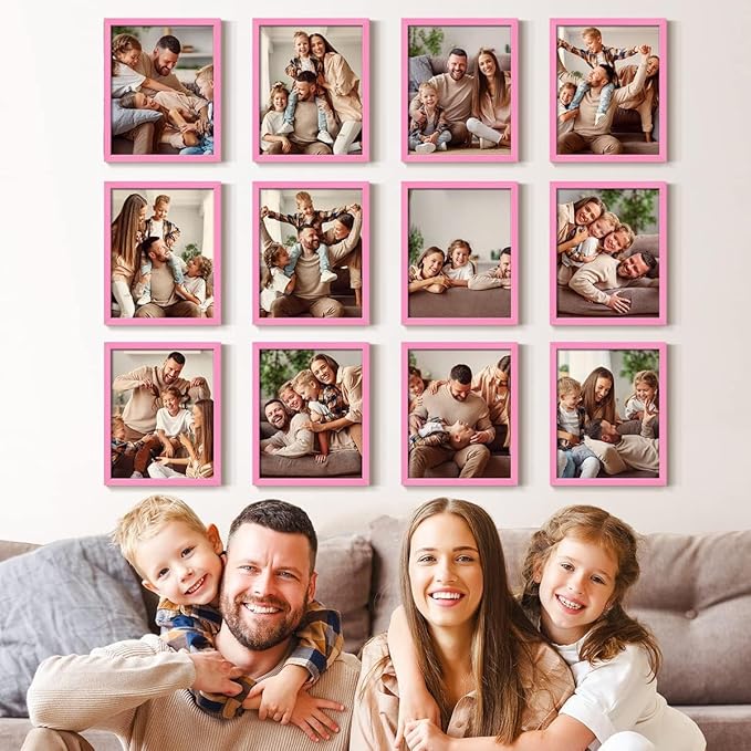Renditions Gallery Set of 12, 11X14 Custom Photo Prints with Real Wood Picture Frames. Create Personalized Photos with Peel & Stick Photo Frames. Pink Frame