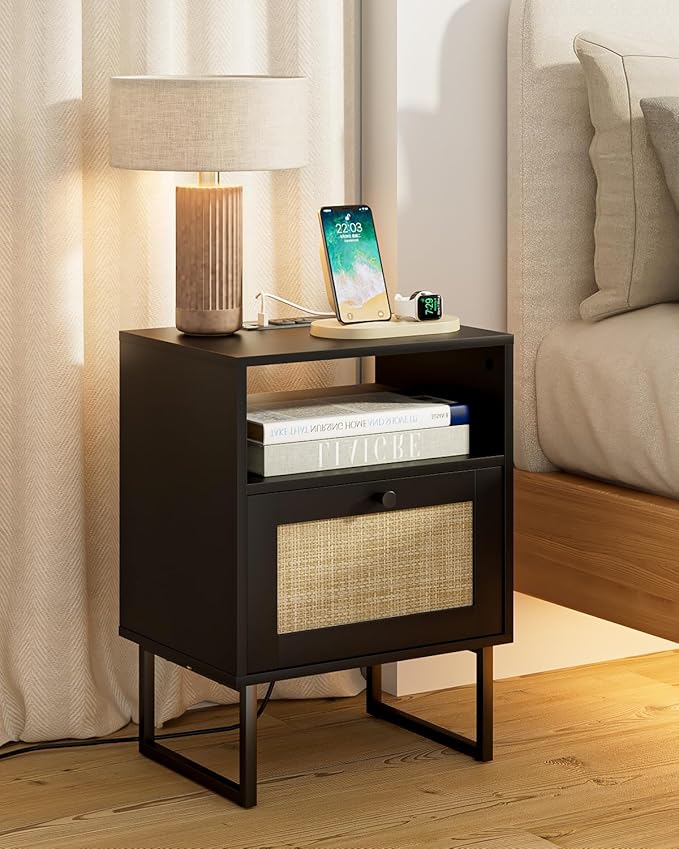 Rattan Nightstand with Charging Station, Boho Night Stand Farmhouse Wood Bedside Table with Storage and Open Shelf, End Side Accent Table for Bedroom,Living Room,Black