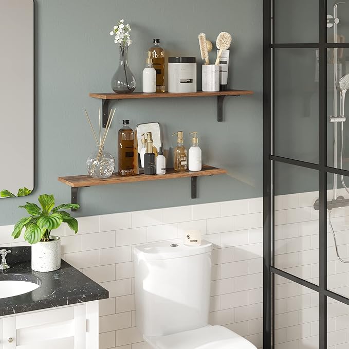 DINZI LVJ Long Wall Shelves, 23.6 Inch Wall Mounted Shelves Set of 2, Easy-to-Install, Wall Storage Ledges with Sturdy Metal Brackets for Living Room, Bathroom, Bedroom, Kitchen, Rustic Brown