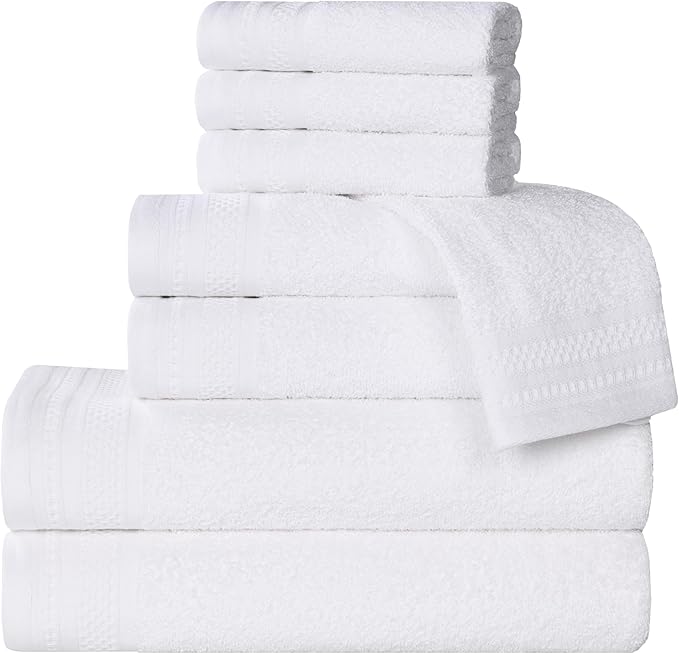 Superior Honeycomb Cotton Medium Weight Towels, for Guest Bath, Master Bathroom, Shower, Quick Dry, Adults, Home Essentials, Textured Waffle Border, Assorted Towel Set, 8 Piece Towel Set, White