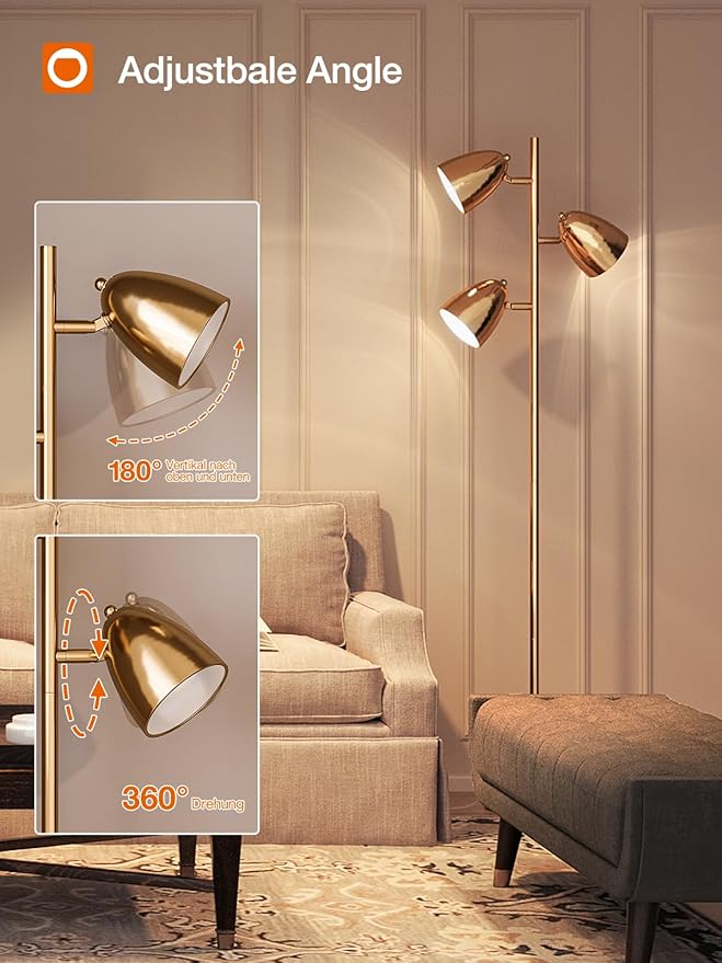 addlon Tree Floor Lamp with Remote, 3 Adjustable Rotating Light and Matching LED Bulbs, Standing Tall Pole Lamps for Living Room, Bedroom, Home, Office - Gold