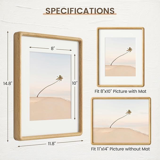 11x14 Picture Frame, Solid OAK Wood Frame with Real Glass, Hard Wood 11 by 14 Photo Frame for Wall & Tabletop Display, 11x14 Picture Frame Matted to 8x10, Natural OAK Color