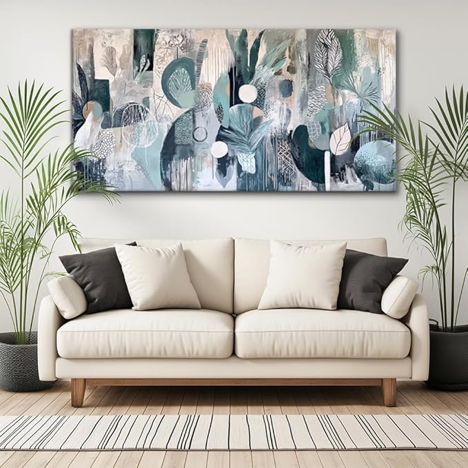 Abstract Plant Garden Wall Art for Living Room Office Green Teal Canvas Painting Prints Sage Green Botanical Artwork Dining Room Bedroom Decor (20x40 Inches)