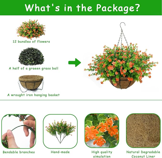 Artificial Hanging Flowers Basket, 12 UV-Resistant Bundles of Realistic Fake Flowers, Faux Plants for Outdoor Decor, Home, Garden, Porch, Patio, Spring & Summer Decorations, Orange