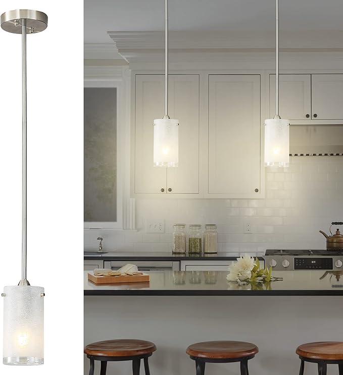1-Light Mini Pendant Light Fixtures, Modern Chandelier Hanging Ceiling Light with White Frosted Shade, Brushed Nickel Pendant Lighting for Kitchen Bedroom Hallway, Adjustable Height, 2 Pack