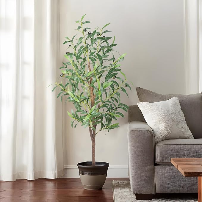 Artificial Olive Tree, 4FT Tall Faux Olive Trees 48in Outdoor Fake Potted Silk Plant with Trunk and Realistic 436 Leaves and 16 Fruits for Modern Office Home Decor（1pack）
