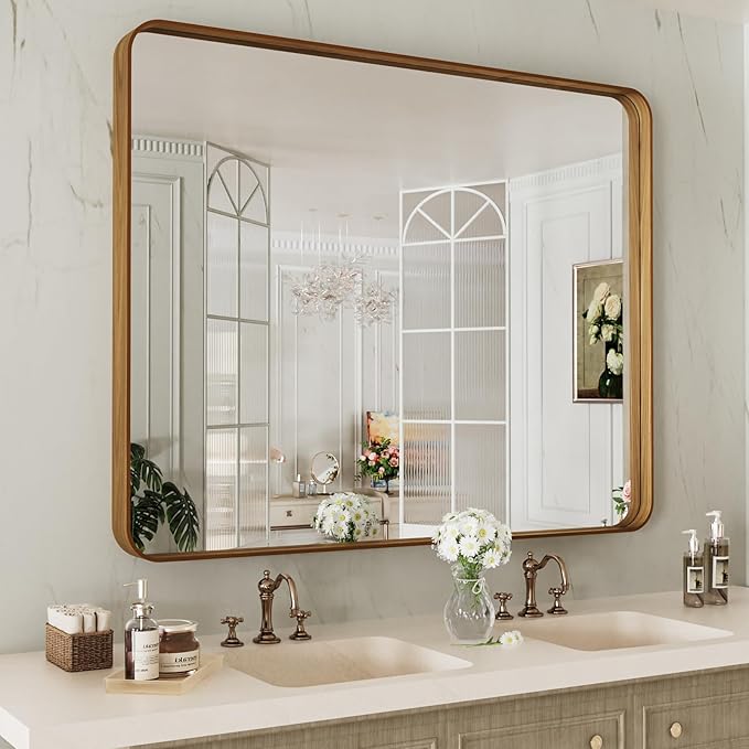 LOAAO 40X24 Inch Bathroom Mirror with Wood Grain Colored Metal Frame, Rounded Rectangle Metal Framed Bathroom Mirror, Anti-Rust, Hangs Horizontally or Vertically