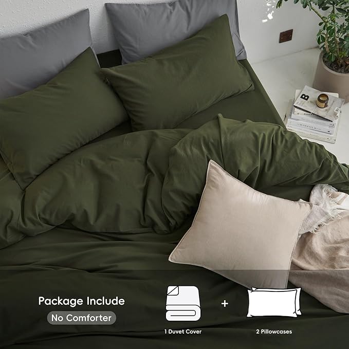 MooMee Queen Duvet Cover Set, 100% Washed Cotton Linen Like Twill Thick Sturdy Material Super Soft Breathable Durable Bedding for All Season, 3 Pieces (Olive Green, Queen 90"x90")