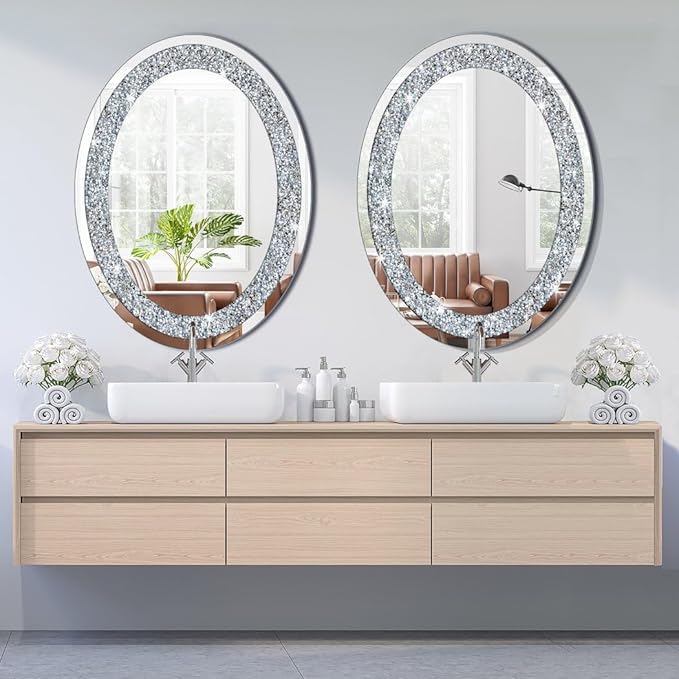 DMDFIRST Crystal Crushed Diamond Oval Shaped Silver Mirror Glam Bling for Wall Decoration 24x32x0.9inch Frameless Wall Hang Sparkly Glass Mirror Stunning Stylish Fashion Home Decor Decorative Mirror