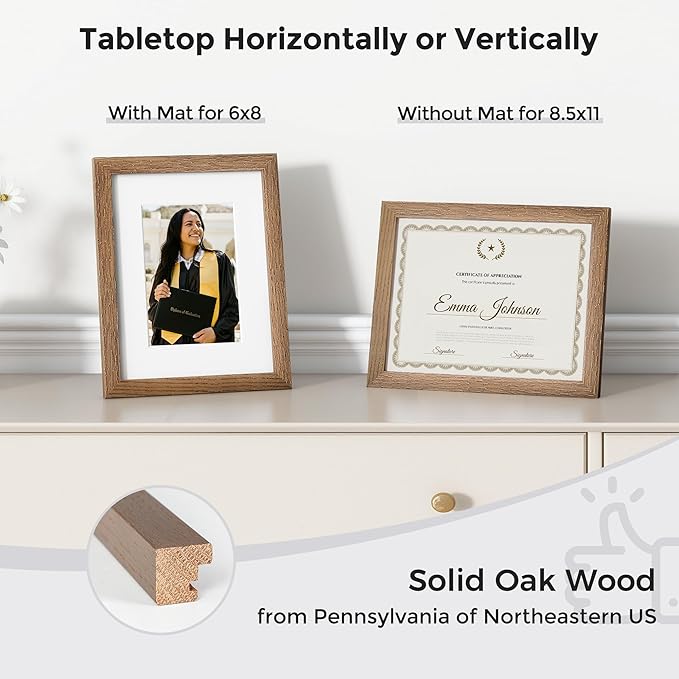 Axeman Diploma Frame For 8.5x11 Certificate Document | Solid Oak Wood 8.5 By 11 Picture With Mat For 6x8 | 8 1/2 x 11 Certificate Frame | Plexiglass And Hanging Hardware Included | Walnut, 3 PCs