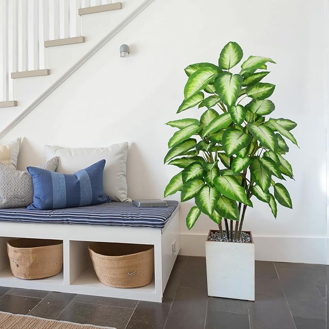 Artificial Golden Dieffenbachia 4ft Tall Artificial Plants Indoor Decorative Silk Plants Potted Faux Tropical Plants Lifelike House Floor Large Fake Plants for Home Living Room Decor