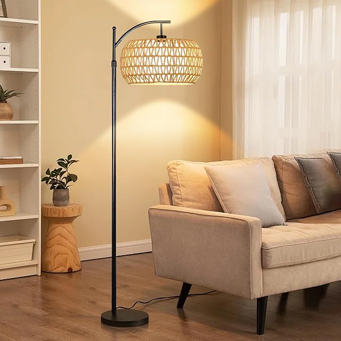 Arc Floor Lamps for Living Room Rattan Boho Floor Lamp with Remote Control,Dimmable LED Floor Lamp Wicker Lamp Shades Black Standing Lamp with 3 Color Temperature Tall Floor Lamps For Bedroom Corner