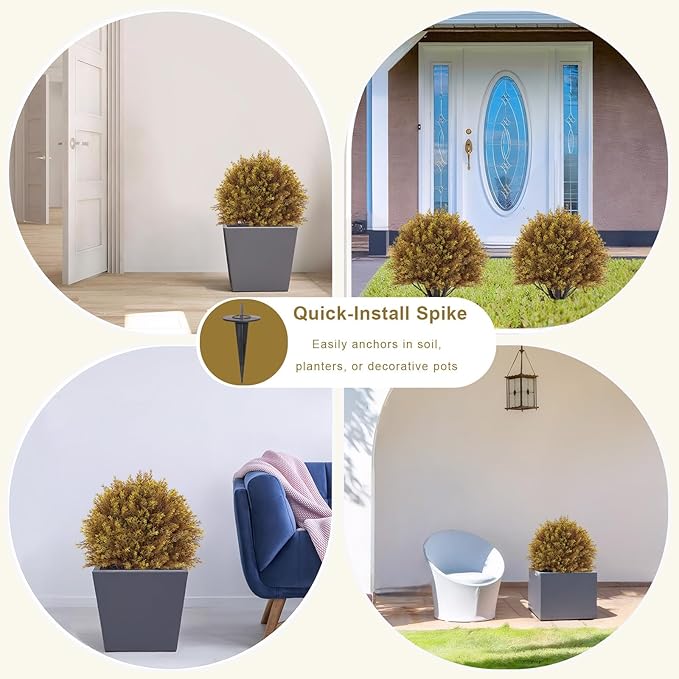 27" Fall Cedar Topiary Trees Artificial Outdoor, Set of 2 Faux Bushes and Shrubs with Ground Spike, UV Resistant Realistic Large Fake Ball Plants for Front Porch Outside Planters Backyard Decor