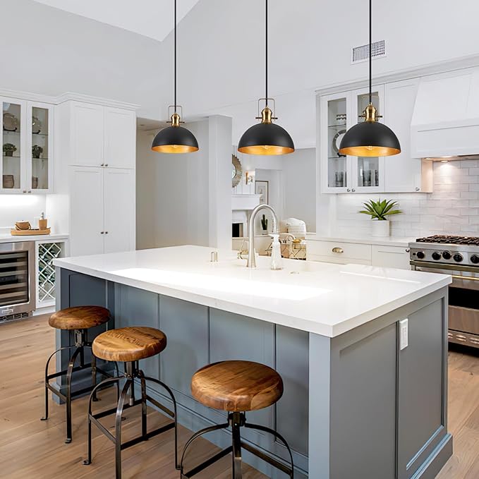 12 Inch Pendant Lights for Kitchen Island Matte Blacks Farmhouse Pendant Light fixtures Adjustable Height Dome Hanging Light for Dinning Room Bedroom Hallway,2 Packs