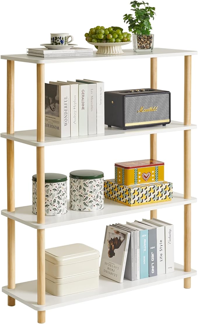 IBUYKE 4-Tier Wooden Open Bookcase - Modern Freestanding Bookshelf Storage Organizer,Standing Shelf Units,Multifunctional Display Stand for Bedroom, Living Room and Home Office, White WBC004W