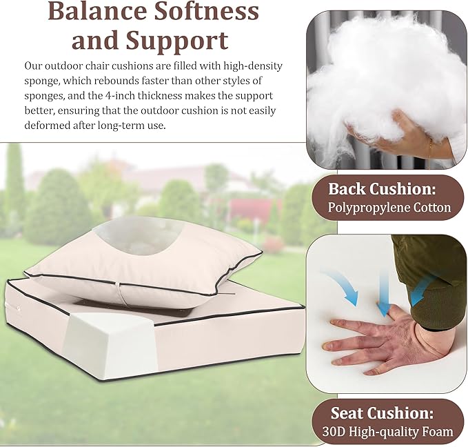 Waterproof Outdoor Chair Cushion Set of 4, 24x24x5 IN Deep Seat Patio Cushions with Fade Resistant Removable Cover,Outdoor Cushions for Patio Furniture w/ Ties&Handle for Chair Sofa Couch,Cream+Pipes