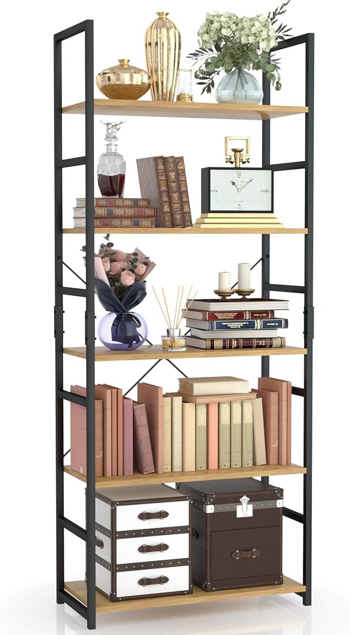 NUMENN 5 Tier Bookshelf, Tall Bookcase Shelf Storage Organizer, Modern Book Shelf for Bedroom, Living Room and Home Office, Natural