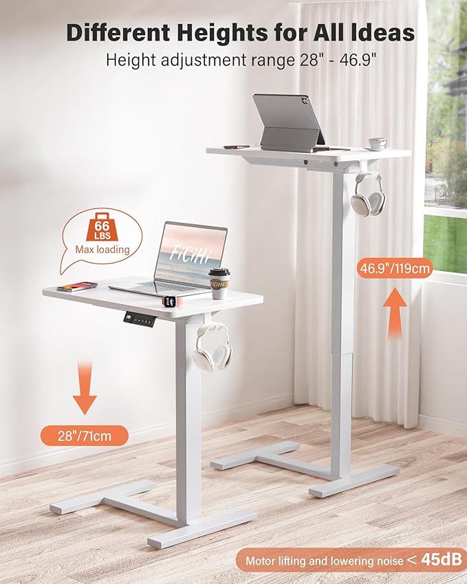 Mobile Standing Desk with Wheels - Electric Height Adjustable Small Movable Laptop Desk, Portable Rolling Computer Workstation Sit Stand Table for Home Office, Sofa & Bedside Use (23.6", White)