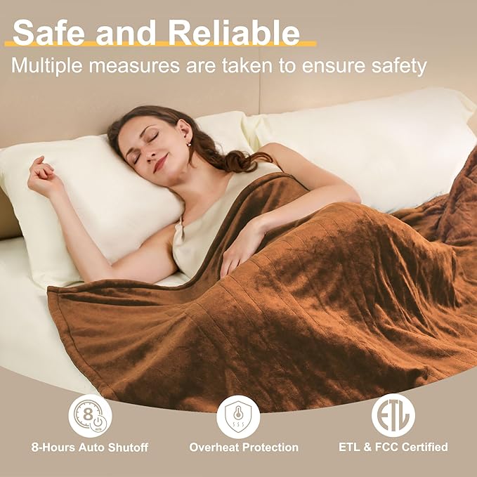 Gintao Electric Heated Blanket Full Size, 72"x84" Double Soft Flannel Electric Blanket with 3 Heating Levels,ETL&FCC Certified,8H Auto Off Heating Blanket&Overheat Protection,Gifts,Brown