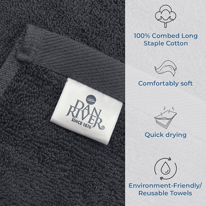 DAN RIVER Bath Towels Set of 4, 27 x 54 Inches, 100% Cotton, Larger & Lighter Weight, Quicker to Dry, Super Soft and Absorbent, Ideal Cotton Bath Towels for Daily Use, Charcoal