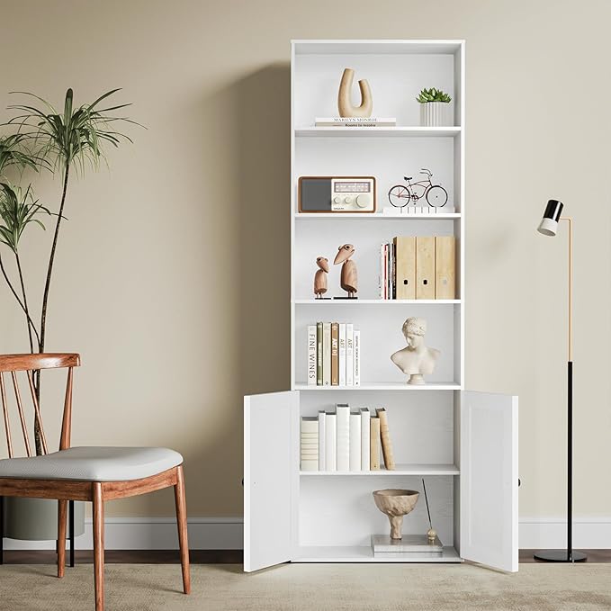 Tall Wooden Bookshelf with Cabinet and Doors,White Bookcase for Bedroom, Living Room, or Home Office Storage, 6 Shelves for Heavy Books & Organization