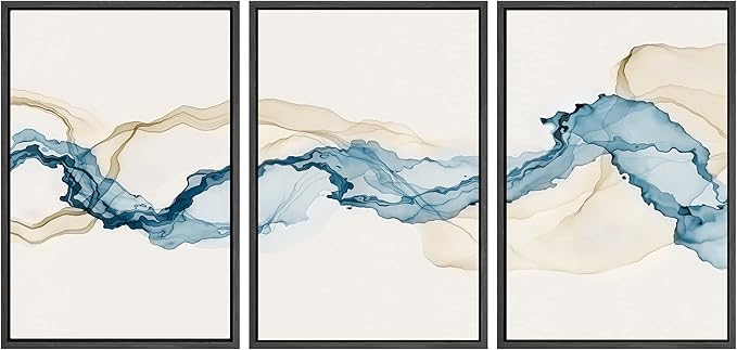 SIGNWIN Framed Canvas Print Wall Art Set Blue Tan Smoke Wave Landscape Abstract Shapes Illustrations Modern Art Decorative Contemporary Colorful for Living Room, Bedroom, Office - 24"x36"x3 Black