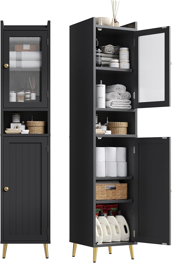 69'' Tall Bathroom Storage Cabinet with 2 Adjustable Shelves, Black 6 Tier Narrow Bathroom Cabinet with 2 Doors, Slim Linen Cabinets for Brathroom,Home Office,Wood