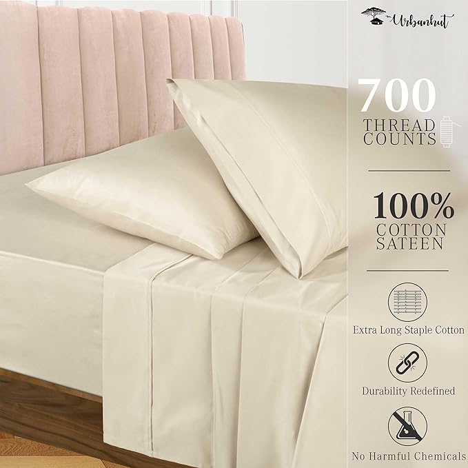 URBANHUT 700 Thread Count Twin Sheet Set Egyptian Cotton Sheets, 4Pc Sheet Set Soft Luxury Bed Sheets for Twin Size Bed, Sateen Weave Hotel Sheets, 14" Elasticized Deep Pocket - Ivory